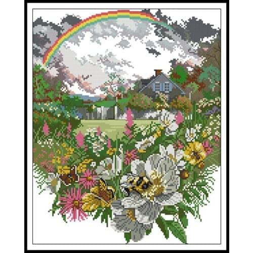 The After Rain Rainbow Flowers Paintings Cross Stitch Sets for Embroidery Kits 11ct 14ct Printed Canvas DIY Hand Needlework Sets
