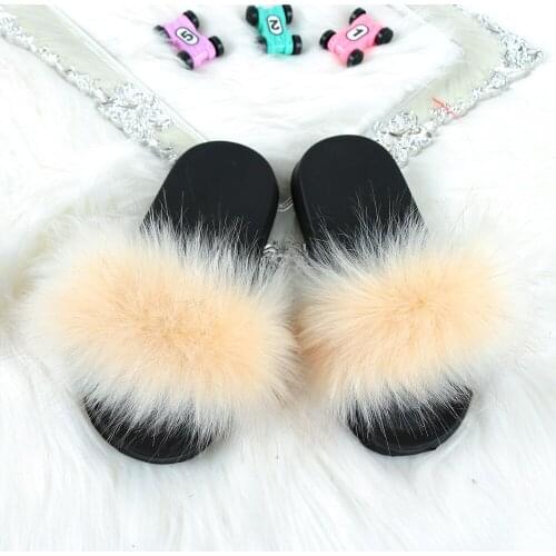 Summer Kids Slippers Fluffy Faux Fur Slides Furry Flat Fashion Children Rainbow Shoes Girls Fur Cute Sandals