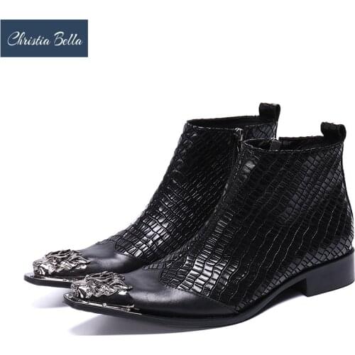 Christia Bella Fashion Metal Pointed Toe Men Ankle Boots Genuine Leather Party Dress Boots Club Motorcycle Men Boots Botas