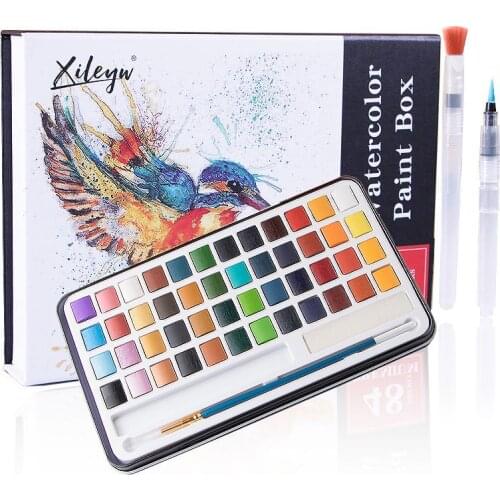 48 Colors Solid Watercolor Painting Set Contains 10 Sheets of Watercolor paper and 3 Water Brush for Beginner Drawing Supplies