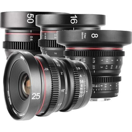 Meike 16mm 25mm 50mm T2.2 and 8mm T2.9 Manual Focus Cine lens Kit for Micro Four Thirds (MFT, M4/3) Mount Olympus Panasonic