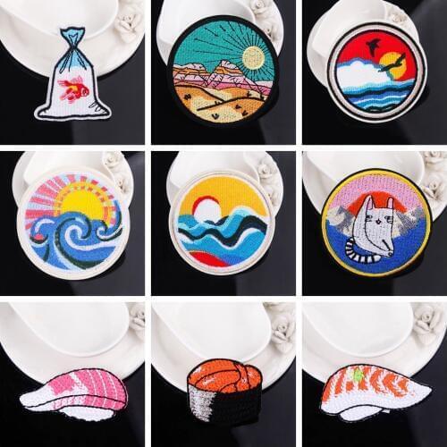 Embroidered Patches Sun Set Iron On Patches For Clothing Sushi Stripe Badges On Clothes Sew On Patch Applique For Backpack Jeans