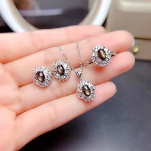 Natural Star Sapphire Sets Woman Gemstone Jewelry Set Solid 925 Sterling Silver Noble Precious 4*6mm