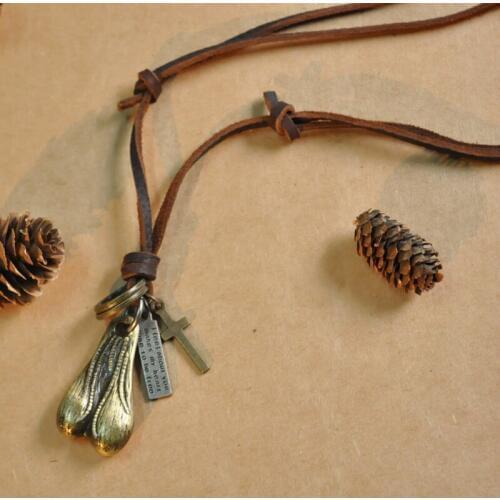 NIUYITID Fashion New Bronze Pendant Necklace For Men Boy Simple Long Chain Genuine Leather Rope Jewelry Charm High Quality