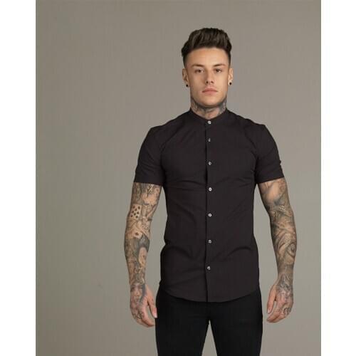 New Summer Fashion Short Sleeve Shirt Mens Slim Fit Male Social Business Dress Shirt Solid Mens Gym Fitness Sports Clothing