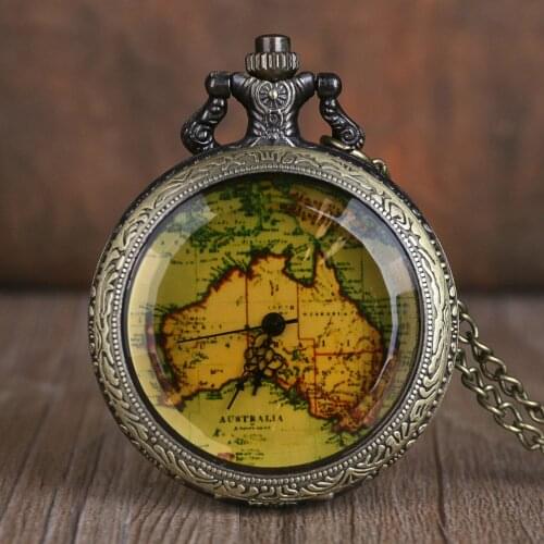 New Australia Map Quartz Pocket Watches Analog Pendant Pocket Watches with Necklace Chain Gift for Mens Womens Relogio De Bolso
