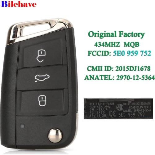 Bilchave Original Factory For Skoda Octavia 2014-2017 FOB 3 Buttons 434Mhz MQB 5E0959752 Flip Remote O-E-M Car Key Hu66 Blade