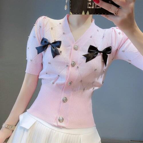 Korobov Autumn New V Neck Long Sleeve Japanese Cardigans Sweaters Korean Single Breasted Cropped Cardigan Bow Sweater