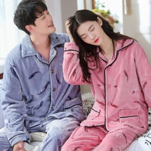 Couple Pajamas Set Winter Flannel Home Clothes For Women Mens Long Sleeved Nightwear Warm Velvet Pyjamas Pijama Printed Homewear