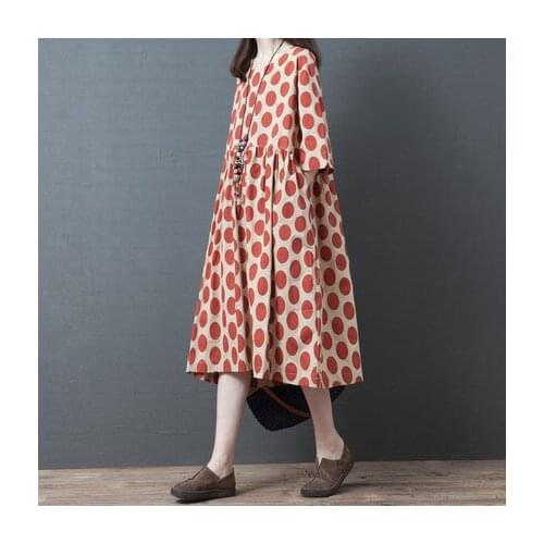 Korean Style Loose Womens Cotton And Linen Dress Comfortable Half Sleeve Spring Summer Polka Dot Dresses Sweet Grils Vestidos