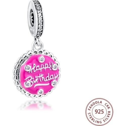 Fits Original Pandora Bracelet 925 Sterling Silver Pink Birthday Cake Dangle Charms Beads for Jewelry Making Berloque Argent