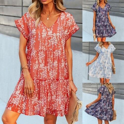 Hot Kf-Sexy Print Short Summer Dress Women Casual V Neck Ruffles Beach Mini Chiffon Dress Women Sundress