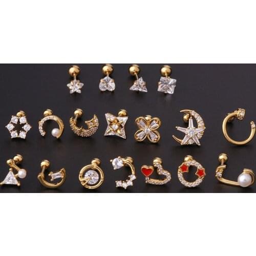 1 PCS Trendy Gold Color Zircon Heart Star Moon Geometric Ear Cartilage Stud Cuff Earring Cute Copper Steel Helix Bar Ear Jewelry