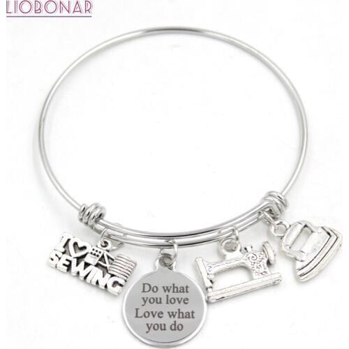 Sewing Lover Gifts Expandable Wire Stainless Steel Bangle I Love Sewing Charm Bracelets For Women Gifts Pulsera