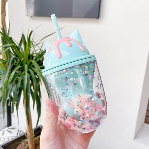 Water Cups Cute Personality Cat Paw Plastic Cup Cute Cartoon Ins Photo Posing Creative Straw Cup Gift Office School Home