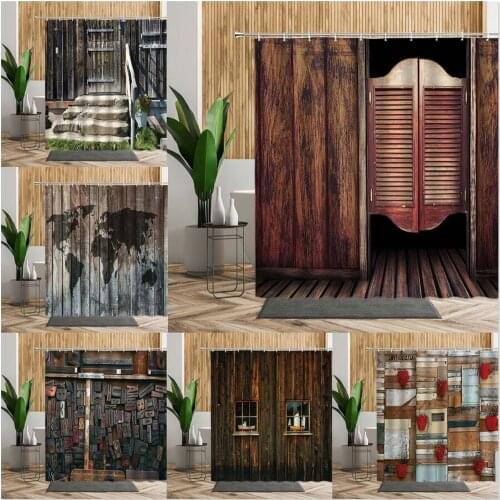 Old Vintage Wood Door Shower Curtain Wooden Pattern Bathroom Curtain Western Retro American Style Bath Cloth Creative Home Decor