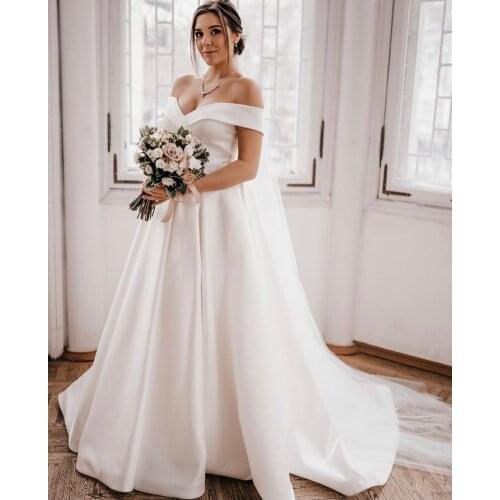 Wedding Dress A-Line Off The Shoulder Backless Satin Pearls Sashes Floor Length Sweep Train Simple Bride Gown Custom Made New