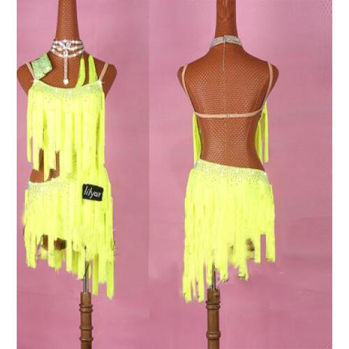 High Quality Latin Dance Dresses Costumes Club Party Dancer Clothes Fringe Tassel Fluorescein yellow Dress For Women DM1049