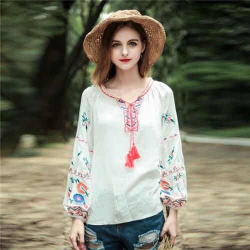 Happie Queens women Tassel bohemian floral embroidery beach cotton blouse shirt long sleeve loose Boho shirts blusa