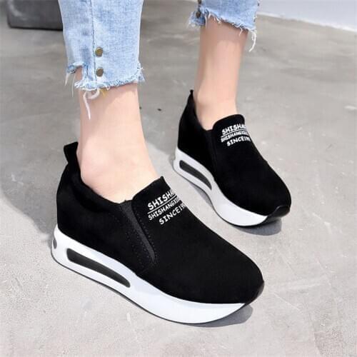 New Women Shoes Breathable High Heels Lady Casual Black Flock Women Sneakers Leisure Platform Shoes Height Flat Increasing Shoes