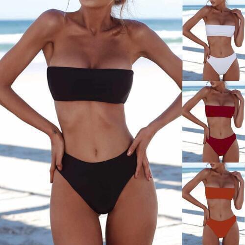 Womens Strapless Plain Bikini set Push-up Bra Bikini Set Swimsuit Swimwear Beachwear Bathing Suit Low Waist Bandage