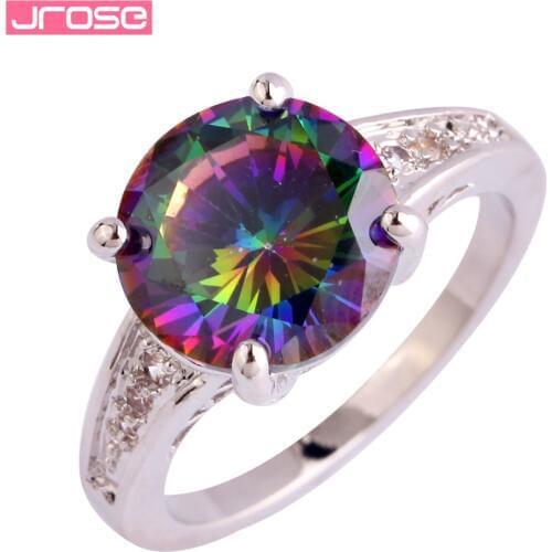 JROSE Wedding Engagement Fashion Round Cut Rainbow & White CZ Silver Color Ring Size 6 7 8 9 10 11 12 13 For Women Beauty Mystic