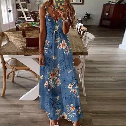 Summer Dress Women Clothing Maxi Dress Floral Print V Neck Women Sleeveless Spaghetti Strap Dress Long Vestido Beach Dresses 3XL