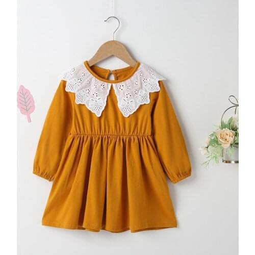 Winter 2021 New Arrivals Girls Dress Long Sleeve Lace Collar Earth-yellow Solid Streetwear Dresses Vestidos 18M-6T