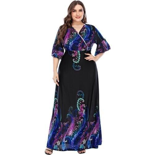 2021 Spring Autumn Women V Neck Half Sleeve Floral Print Casual Dress Plus Size Black High Waist Ladies Tunic Bohemian Dresses