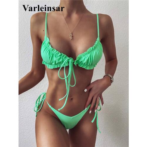 3 Colors Sexy Ruffled Frilled Bikini Women Swimwear Female Swimsuit Two-pieces Bikini set Lace Up Bather Bathing Suit Swim V2420