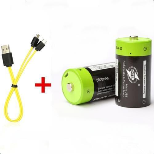 2PCS ZNTER 6000mAh 1.5V rechargeable battery size D USB lithium polymer battery with Micro USB cable for fast charging