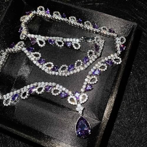Necklace Trend 2021 Women Luxury 925 Sterling Silver Solid Color Purple Zircon Necklace Tears of the Sea Banquet Long Necklaces