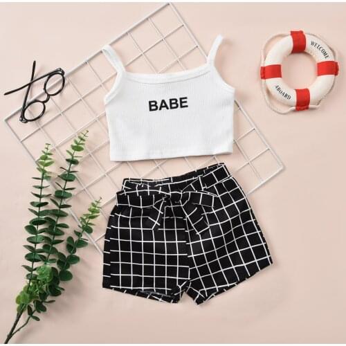 Baby Girls Clothes Set, Letter Print Sleeveless Square Collar Cropped Tops + Plaid Short Pants 6M-5T
