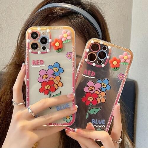 Korea Ins 3D Colorful Smiley Flower Phone Case for iphone 12 Pro Max 11 MiNi X XS XR 7 8Plus SE 2020 Cute Transparent Cover