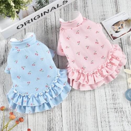 Sweet Cherry Print Dog Dresses For Small Dogs Shih Tzu Clothes Winter Warm Pet Outfit Coat With Floral Skirt Cat Pugs Accessory