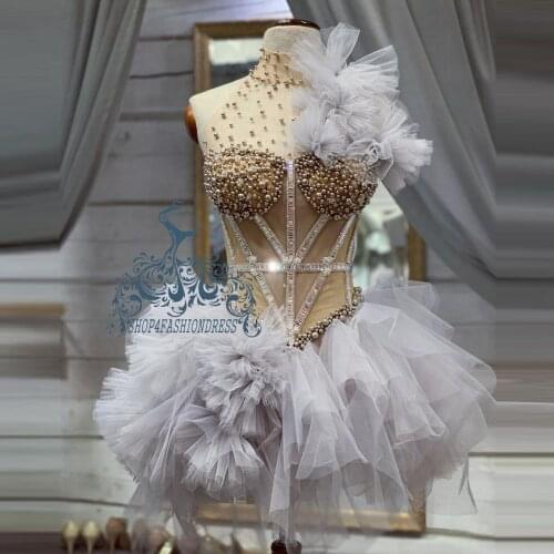 2021 Newest Gray Tulle Beading Short Cocktail Dress Sexy See Thru Backless Mini Party Gowns Real Image Ruffles Homecoming Dress