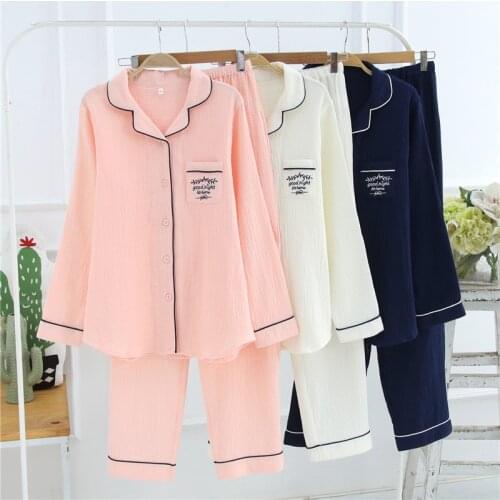 Spring/Summer New Womens Pajamas Set Pure Cotton Crepe Long Sleeve Sleepwear Womens Simple Pure Color Thin Soft Loose HomeWear