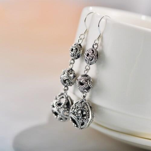 Real 925 Sterling Silver Retro Palace Style Long Hollow Pattern Lantern Earrings Fine Charm Jewelry for Women