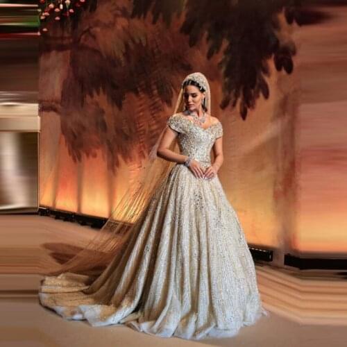 Luxury Champagne Tulle Wedding Gowns V Neck Cap Sleeves Silver Sequins Beaded Long Train Bridal Church Wedding Dresses Plus Size