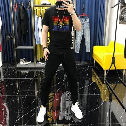 Short Sleeve Summer Cartoon Classic Mens Sets Fashion Sports Tracksuit Brand Hot Diamond 2-Piece Casual T-Shirt + Trousers