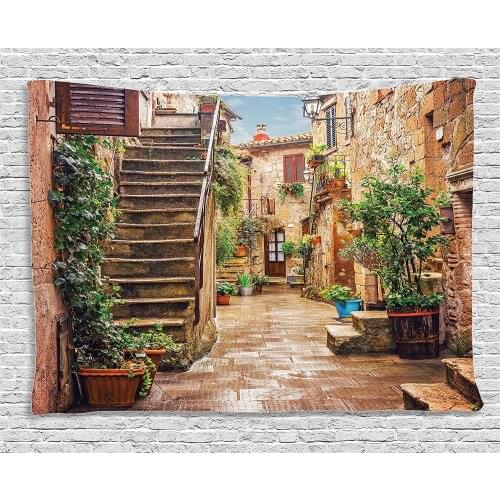 Tuscan Tapestry View of an Old Mediterranean Street with Stone Rock Houses in Italian City Rural Culture Print Wall Hanging