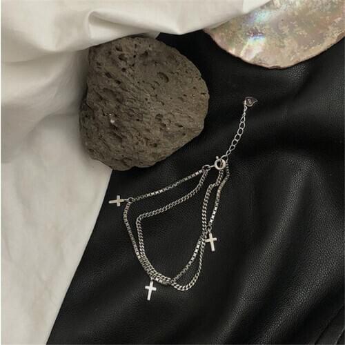 Vintage 925 Sterling Silver Double Layer Box Chain Tassel Cross Charm Bracelet &Bangle For Women Wedding Jewelry Party SL015