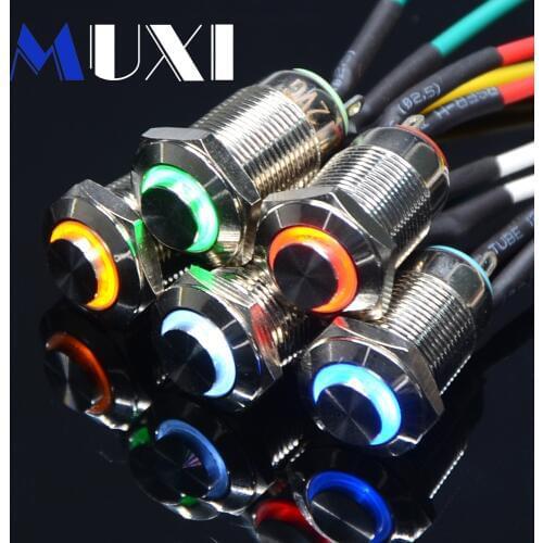 12mm Self-locking Waterproof Metal Push Button Switch With LED Light 3V 5V 6V 12V 24V 110V 220V RED BLUE GREEN YELLOW WHITE