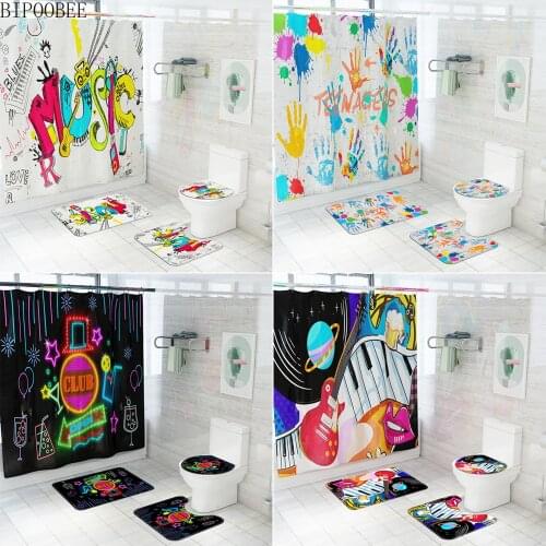 Graffiti Handprint Painting Shower Curtain Set Bathroom Non-slip Mat Rugs Music Guitar Toilet Lid Cover Bath Curtains with Hooks