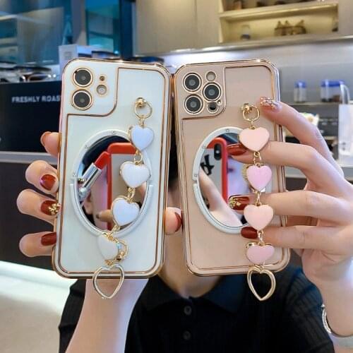 Plating Heart Chain Bracelet Make Up Mirror Holder Phone Case For iphone 12 Pro Max MiNi 11 pro X XS XR 7 8 Plus SE 2020 Cover