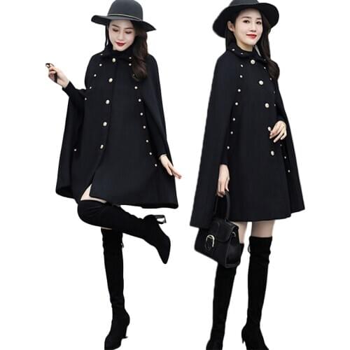 Black Cape Wool Coat Women Autumn Winter 2020 New Mid-Length Loose Shawl Vintage Korean Cloak Outerwear Female Clothes