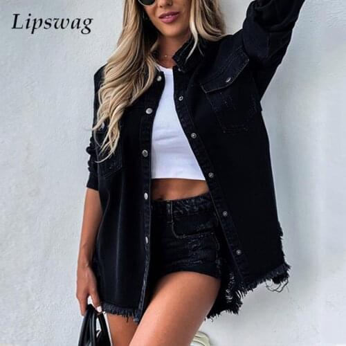 2021 Autumn New Vintage Long Sleeve Loose Coats Casual Button Solid Female Jean Outwear Fashion Street Ripped Denim Women Jacket