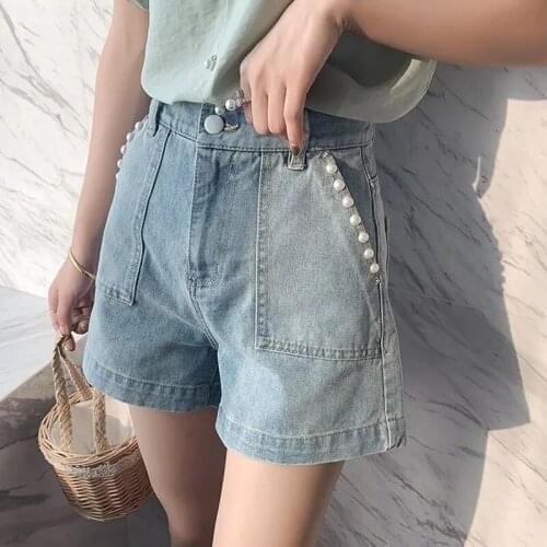 Street Korean light-colored beaded denim shorts womens 2021 summer new slim high waist wide leg hot pants