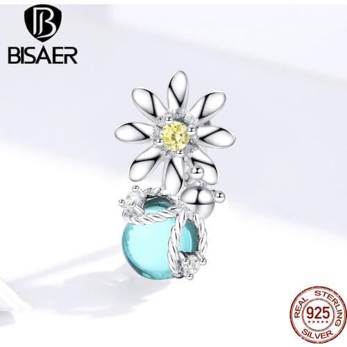 Hot Sale BISAER 925 Sterling Silver Fireflies and Daisy Charms Light Blue Zircon Crystal Beads fit Bracelets 925 Jewelry ECC1369