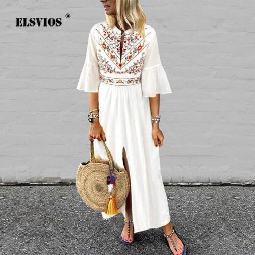 ELSVIOS 2019 Autumn Sexy V Neck Long Maxi Dresses Women Bohemian Vintage Print DressElegant Casual Floral Loose party drtess 2XL